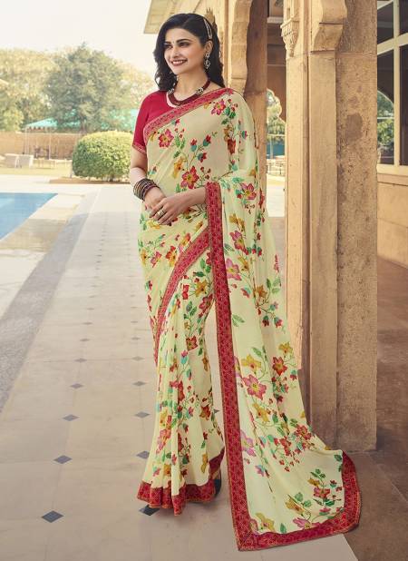 Cream Colour Fancy Party Wear Designer Georgette Printed Saree Latest Collection 23558